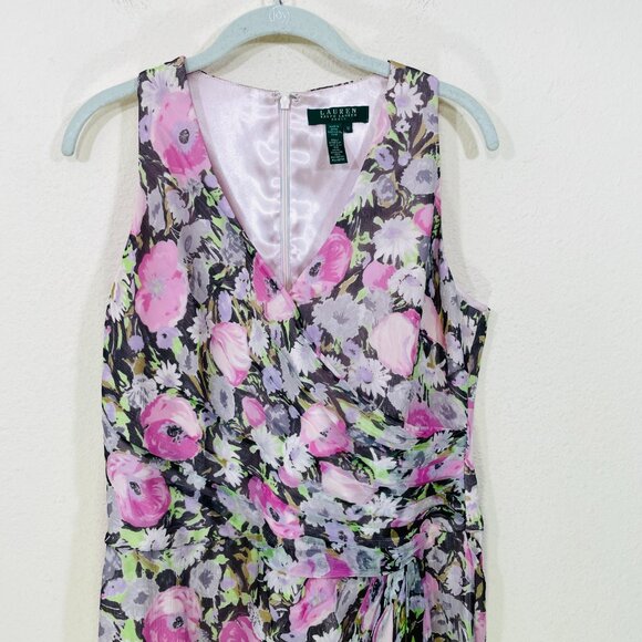 Lauren Ralph Lauren Size 12 100% Silk Dress Floral Sleeveless Pink Gray Pleated - Picture 3 of 4